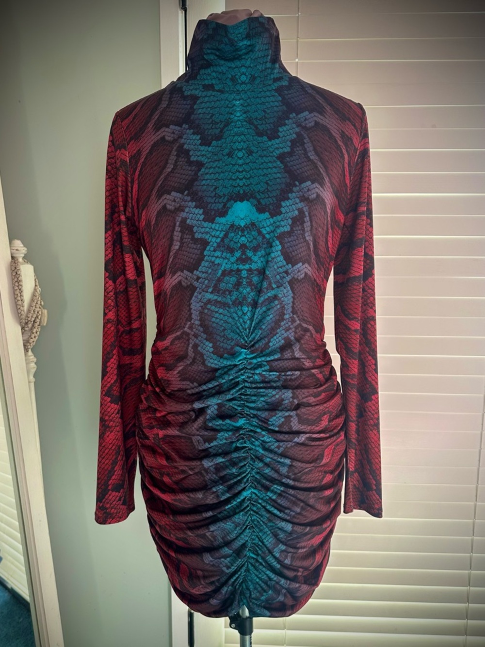 AFRM Long-Sleeve High Neck Ruched Bodycon Dress in Teal and Red - Picture 4 of 5